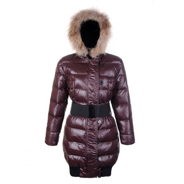 Moncler marrone Fur Cap e cinturino sottile lungo cappotto donna uscita